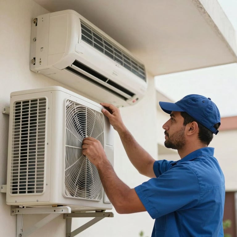 A technician in a uniform installing a new air conditioning unit in a Middle Eastern / Gulf home.