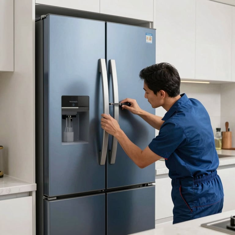 A technician repairing a modern double-door refrigerator in a sleek Sharjah kitchen, slate blue and white theme.