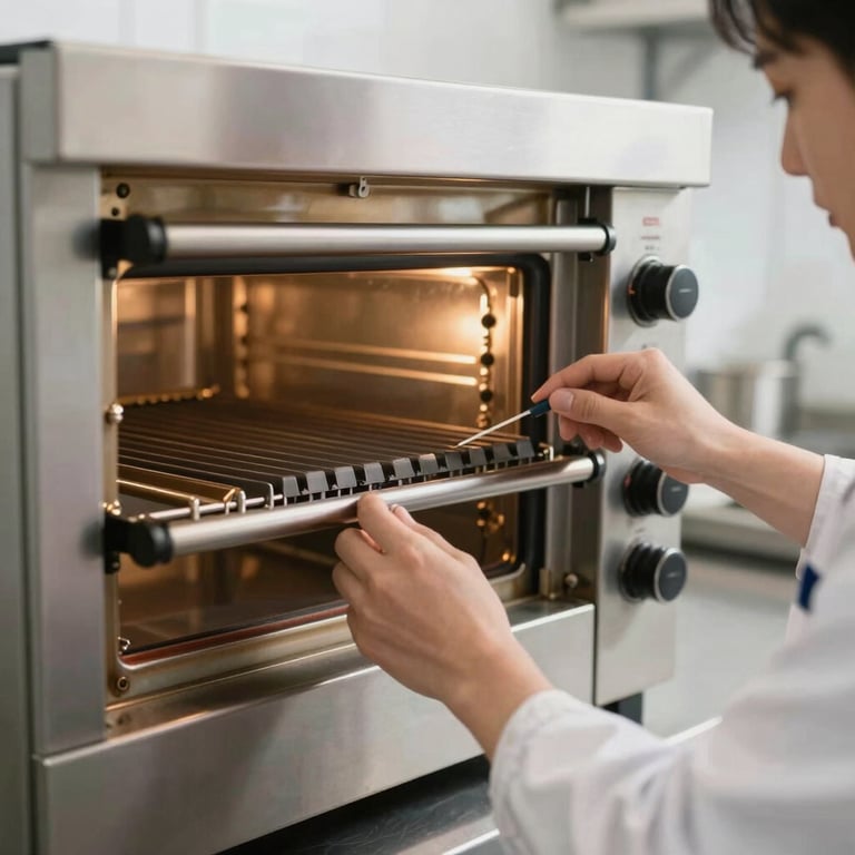 Technician checking the heating element of a commercial-grade oven in a bright kitchen.