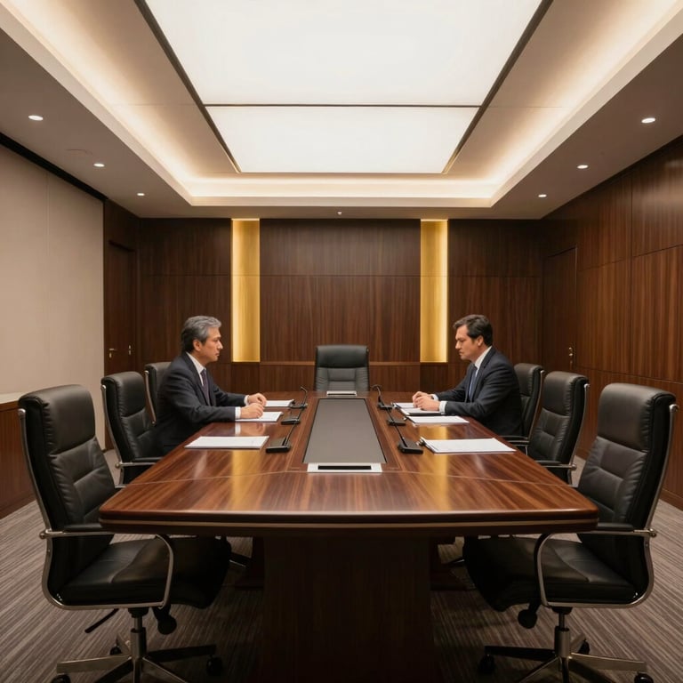 Interior of a high-end corporate boardroom in Lima, featuring dark wood and gold accents, professional and authoritative atmosphere.