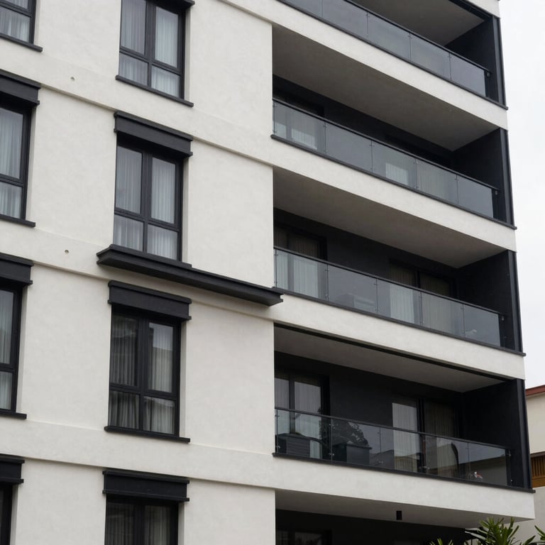 Modern residential complex facade in San Isidro, Lima, showcasing luxury design and high-end materials in ivory white and deep black.