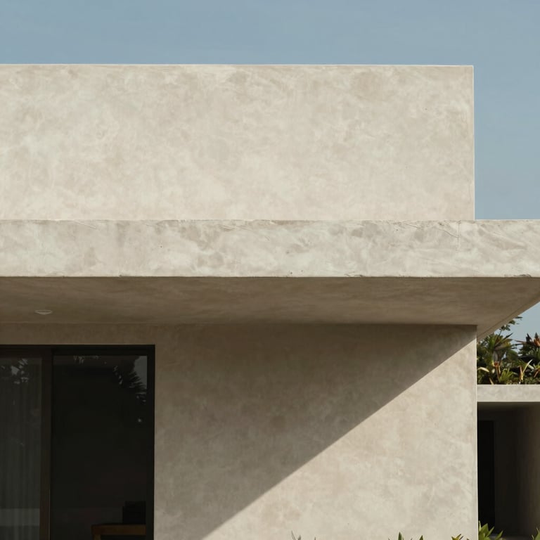Minimalist architectural detail of a luxury beach house in Máncora, Piura, focusing on clean lines and South American / Peruvian style.