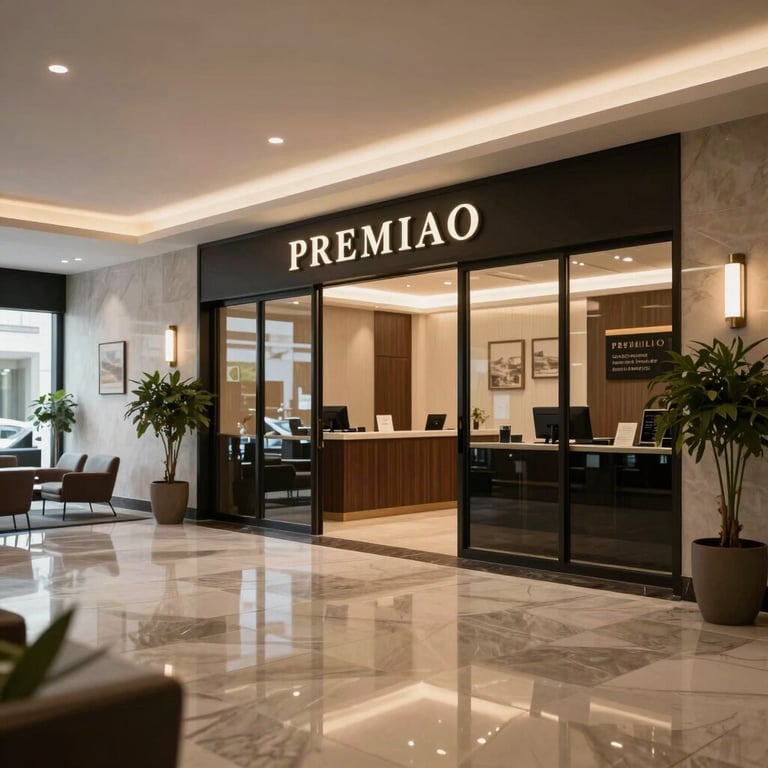 A sophisticated interior lobby of a premium real estate agency in Lima, reflecting trust and professional success.