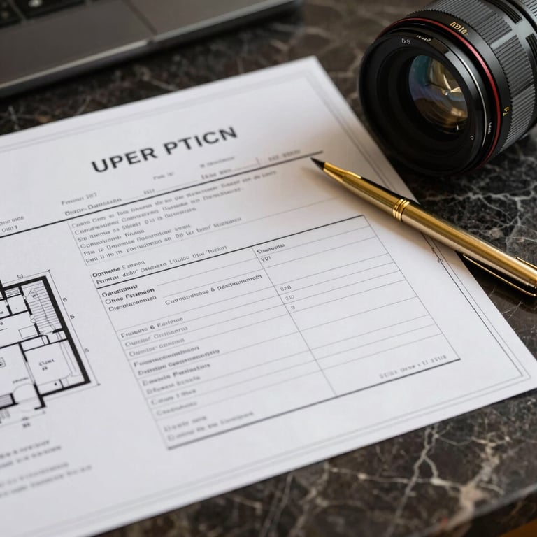 Professional close-up of legal property titles and architectural blueprints on a dark marble desk with a gold pen.