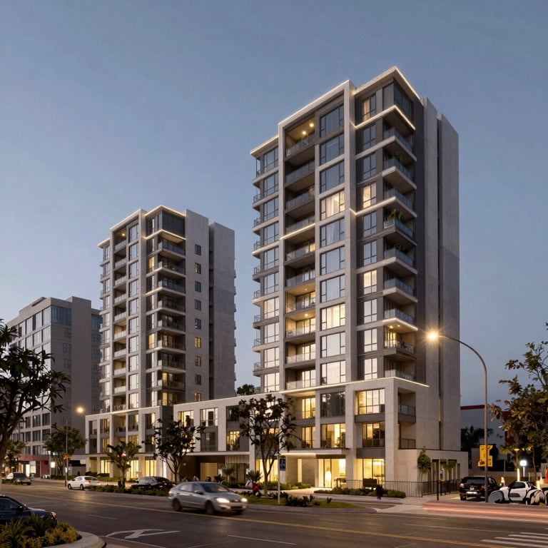 Twilight shot of an exclusive urban development site with strategic lighting and clean Peruvian architectural aesthetics.