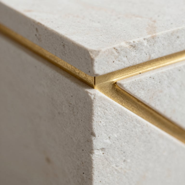 Macro shot of architectural textures including white stone and subtle gold metallic accents, representing luxury and precision.