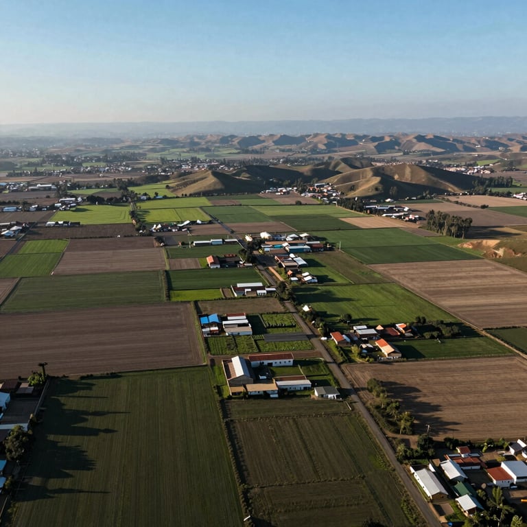 Aerial view of a prime agricultural development in Northern Peru, showing fertile land and organized planning under a clear sky.