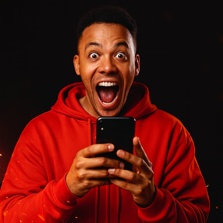 Jovem surpreso olhando para o celular em fundo escuro.