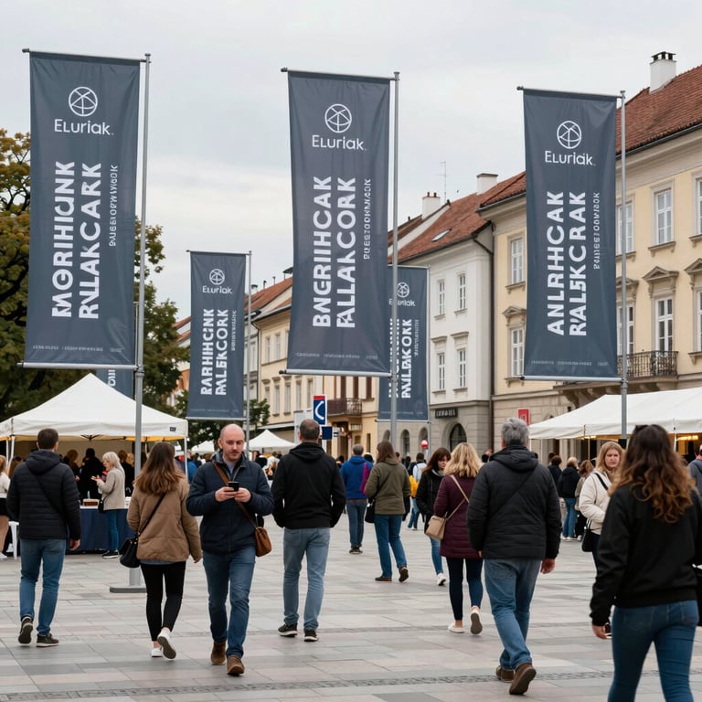 Organization of a cultural event in a Slovak city square, marketing banners in professional gray-blue, lively atmosphere.