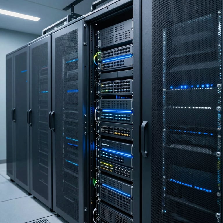 A modern server room with blue-gray lighting representing automated data processing, professional high-tech environment.