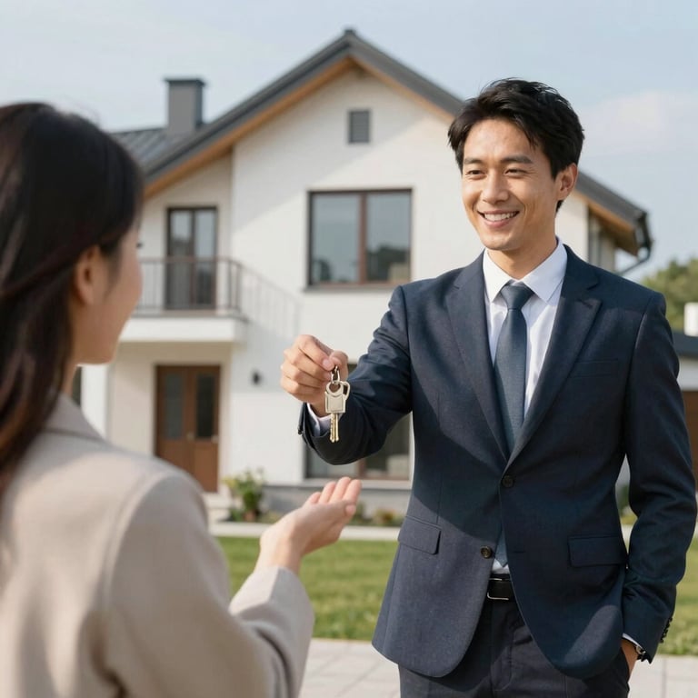 Real estate agent handing keys to a client in front of a modern Slovak house, professional and welcoming atmosphere, daylight.