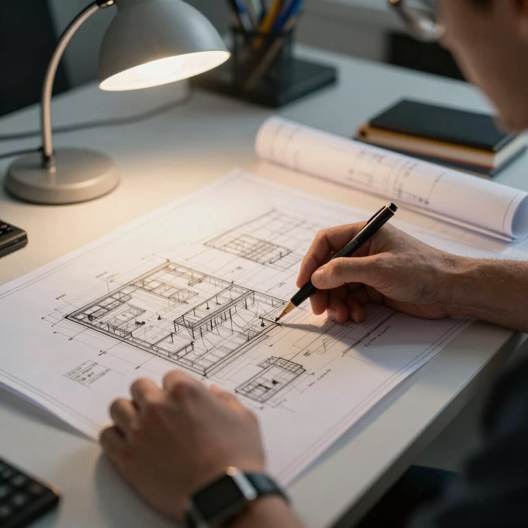 Close-up of a detailed construction blueprint being discussed by hands in a professional Slovak engineering office, soft desk lamp lighting.