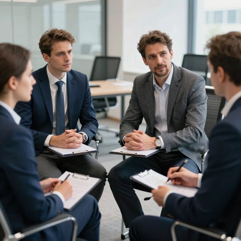 A high-stakes business consulting session in a professional office in Slovakia, people in navy blue and gray-blue suits, focused atmosphere.
