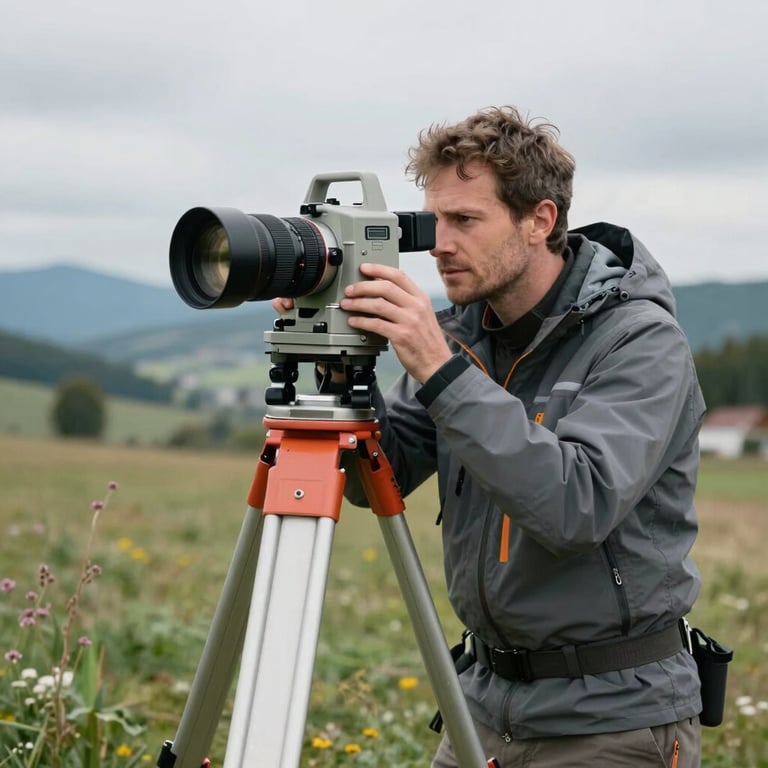 A geodetic surveyor using modern equipment in a Central European / Slovak field, professional steel gray outdoor gear, overcast soft lighting.