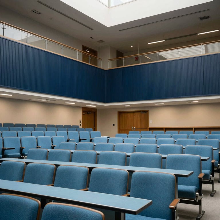 Wide-angle view of a modern North American / US campus study hall with sky blue seating and deep navy architectural details.