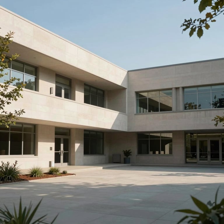 A peaceful North American / US university courtyard with modern clean lines and professional lighting.
