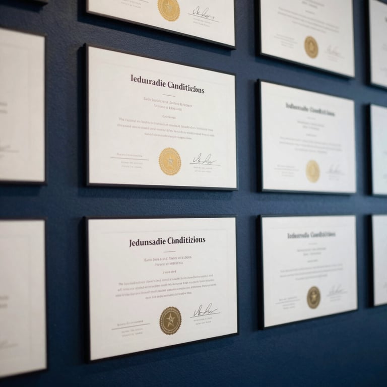 Abstract photography of high-quality educational certificates on a deep navy wall in a professional North American / US office.
