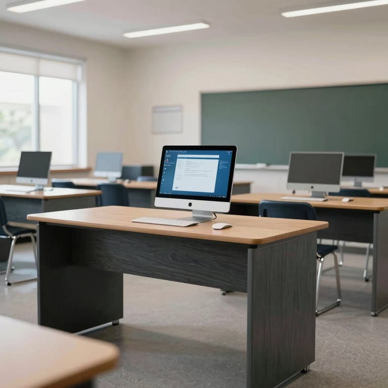 A clean, modern North American / US classroom featuring professional slate furniture and advanced learning technology.