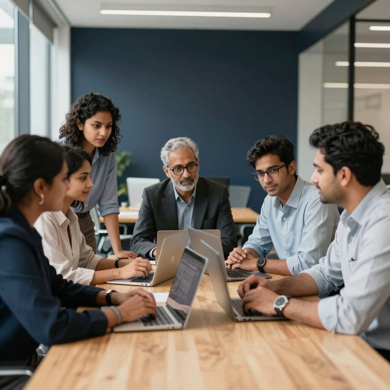 A group of diverse South Asian / Indian professionals collaborating around a light-colored wooden table in a bright, modern office space with dark navy accents.