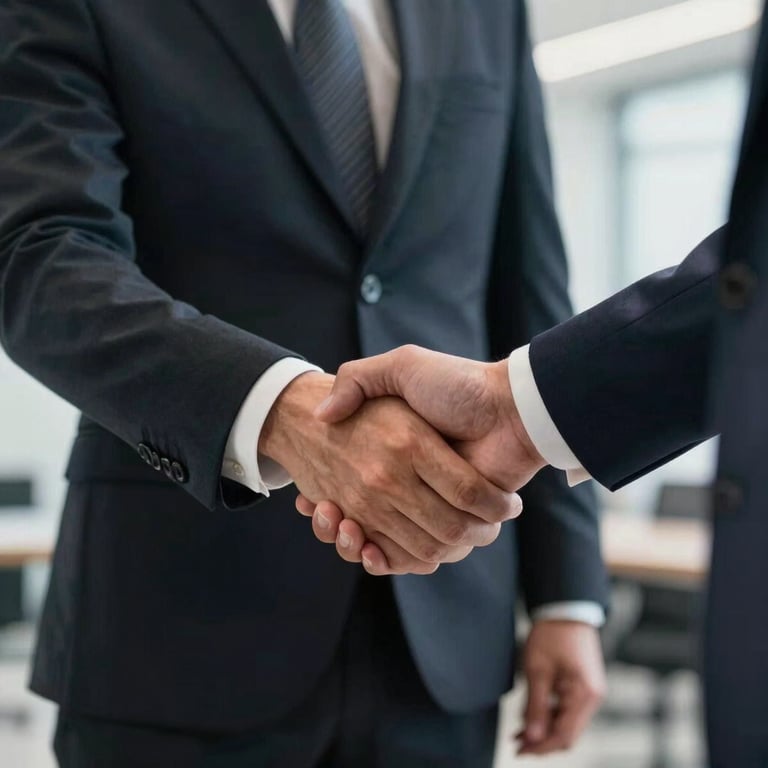 A handshake between two professionals in business attire, symbolizing a successful partnership in an expert consultancy setting.