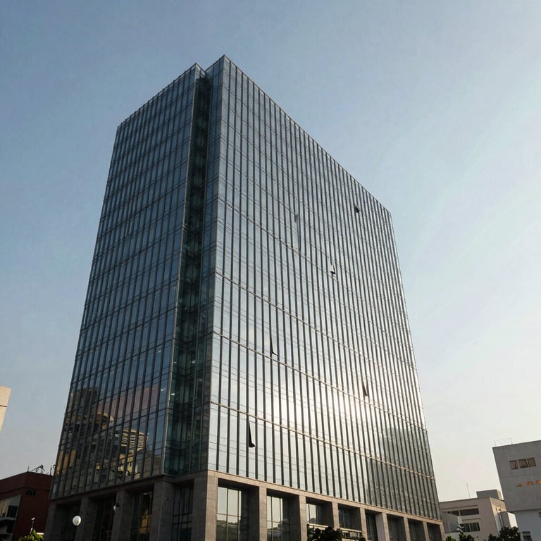 An outdoor shot of a modern glass office building in an Indian urban business district under a clear sky.