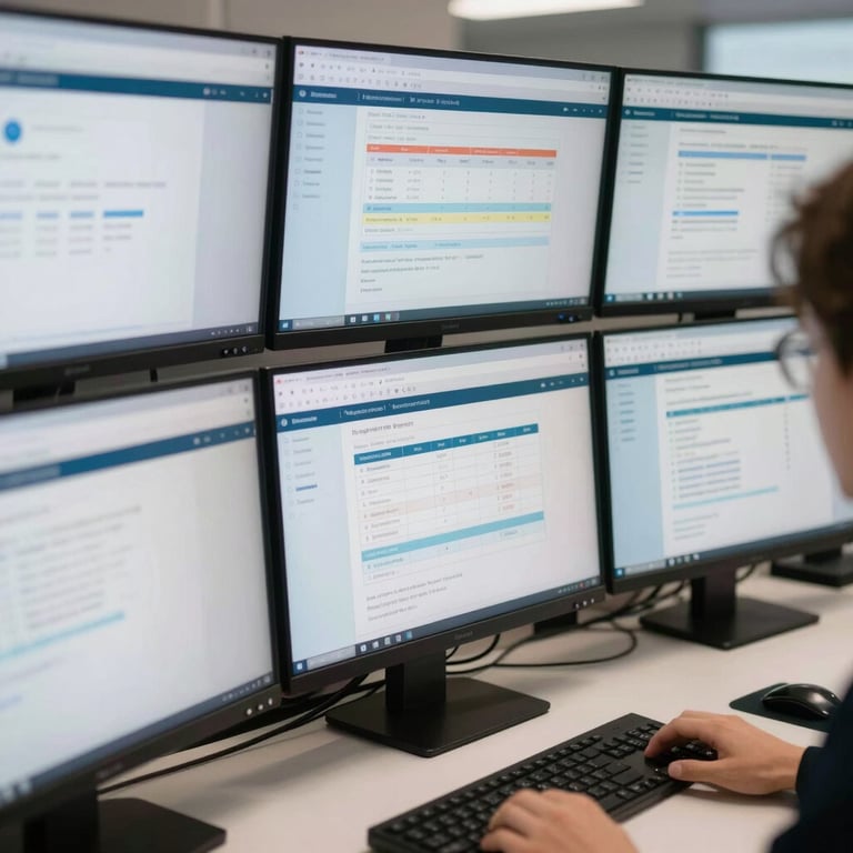 A professional workstation featuring multiple screens showing registration portals and data charts, with a soft white and light blue color palette.