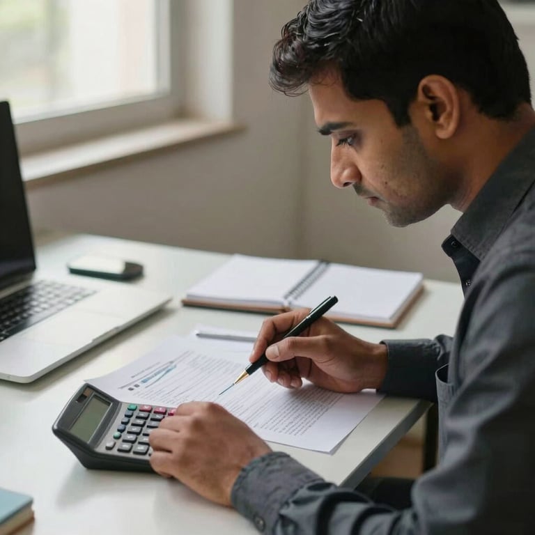 A focused South Asian / Indian professional analyzing financial documents with a calculator on a desk, soft natural lighting through a window.