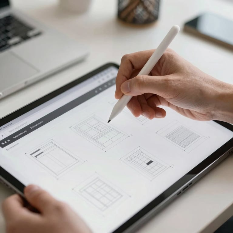 Close-up of a hand holding a digital stylus, working on a tablet showing website layout designs in a clean office environment.