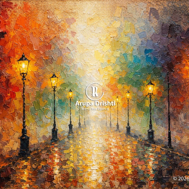 Glowing street lamps along a wet reflective path with vibrant textured colors creating depth, warmth and atmospheric visual.