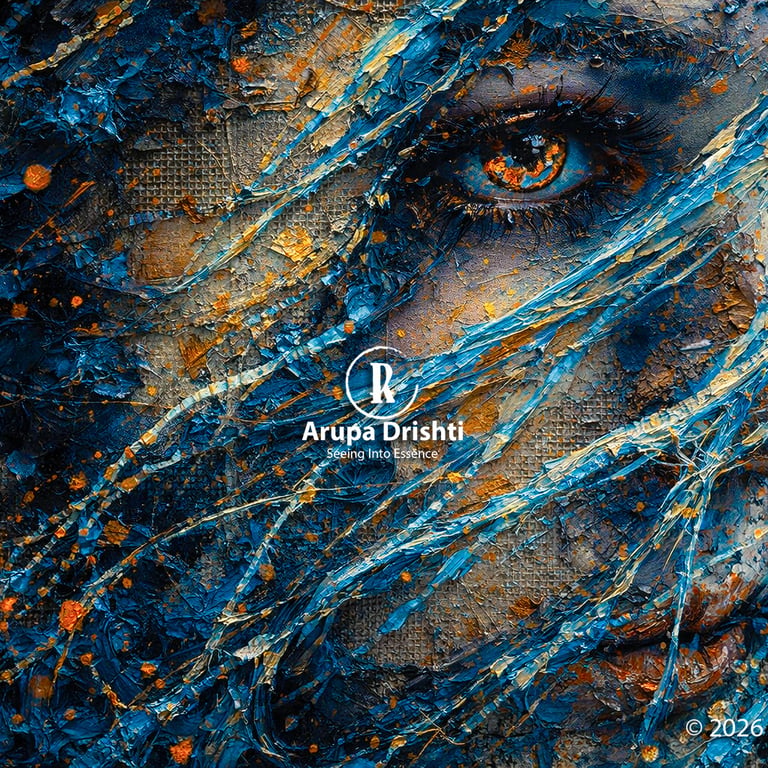 Abstract face with vivid eye, blue and orange textures and expressive brushwork conveying motion, depth and emotion.