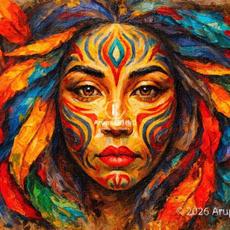 Colorful tribal‑patterned face surrounded by vivid feathers, symbolizing awakening to the formless essence beneath identity.