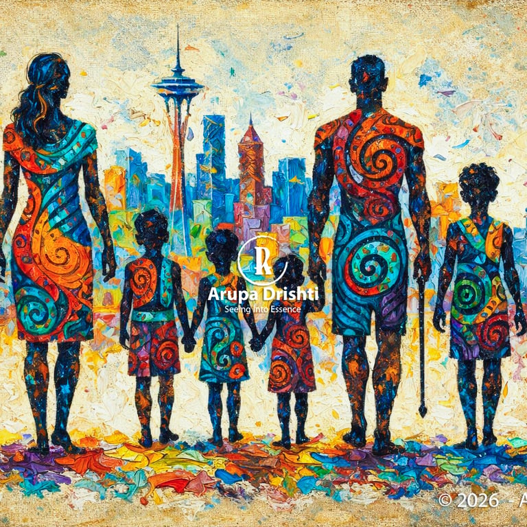 Colorful abstract family facing a vibrant city skyline with textured patterns symbolizing unity, diversity and connection.
