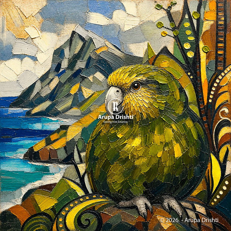 Textured painting of a green parrot in vibrant landscape with mountains, water and rich expressive brushstrokes.