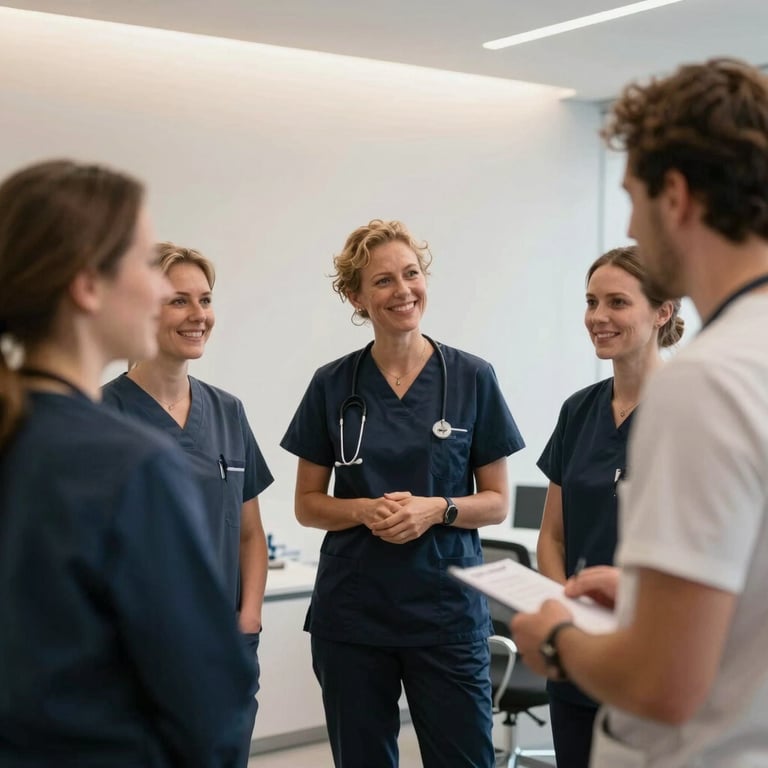 A small group of professionals in a modern Dutch healthcare office having a positive discussion, soft lighting, warm white walls.
