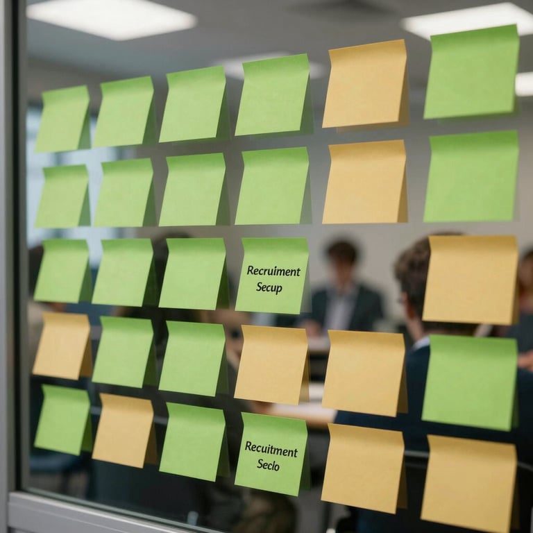 A recruitment workshop setting with sticky notes on a glass wall, vibrant and enthusiastic atmosphere, medium green and deep gold colors.
