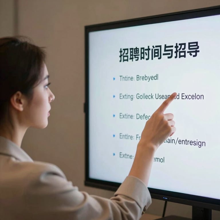 Close-up of a professional woman leading a workshop, pointing at a screen with recruitment strategies, warm atmosphere, professional attire.
