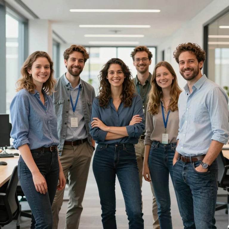 A happy IT team in Zwolle standing together in a bright office hallway, natural lighting, inclusive and enthusiastic mood.