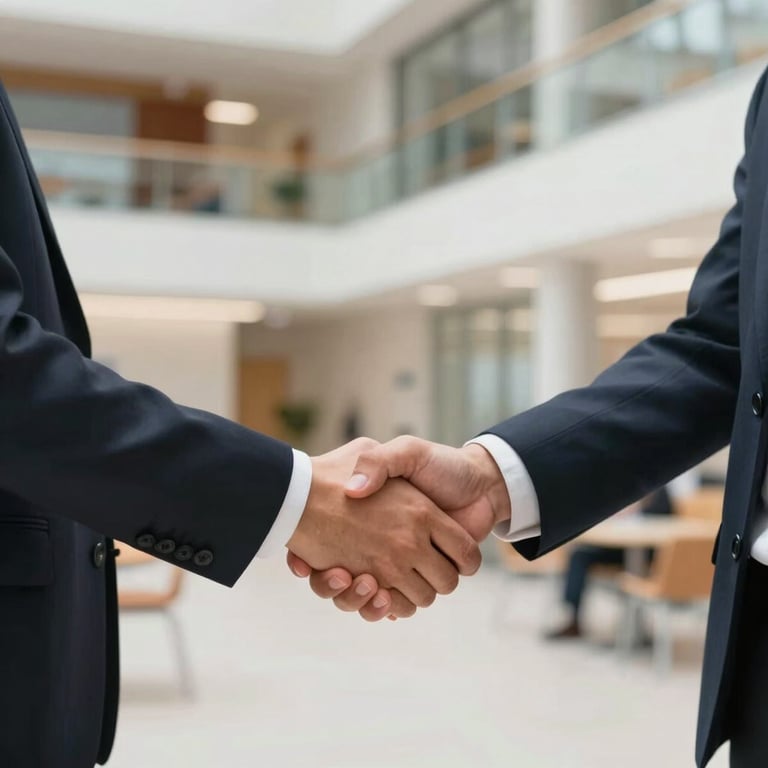 Two people shaking hands in a bright, modern school lobby in the Netherlands, symbolizing a successful placement, soft focus background.