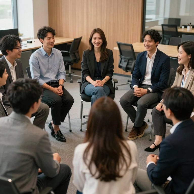 A group of professionals in a circle during a training session, engaged and smiling, in a warm, non-corporate office space.