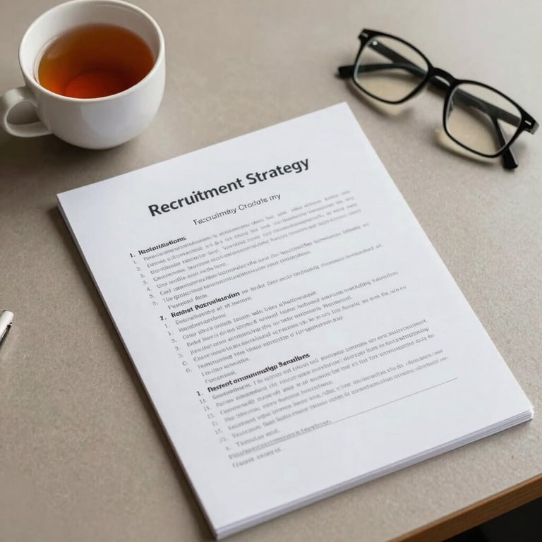 An overhead shot of a recruitment strategy document on a sand colored desk, a cup of tea, and a pair of glasses, professional and personal.