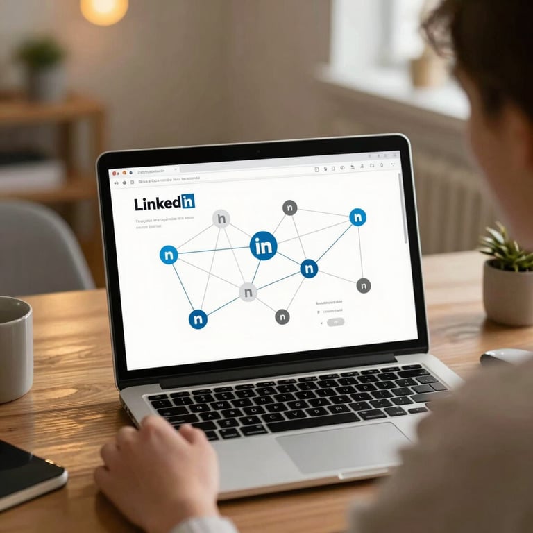 A person looking at a LinkedIn network graph on a laptop screen in a cozy home office, warm lighting, deep gold accents.