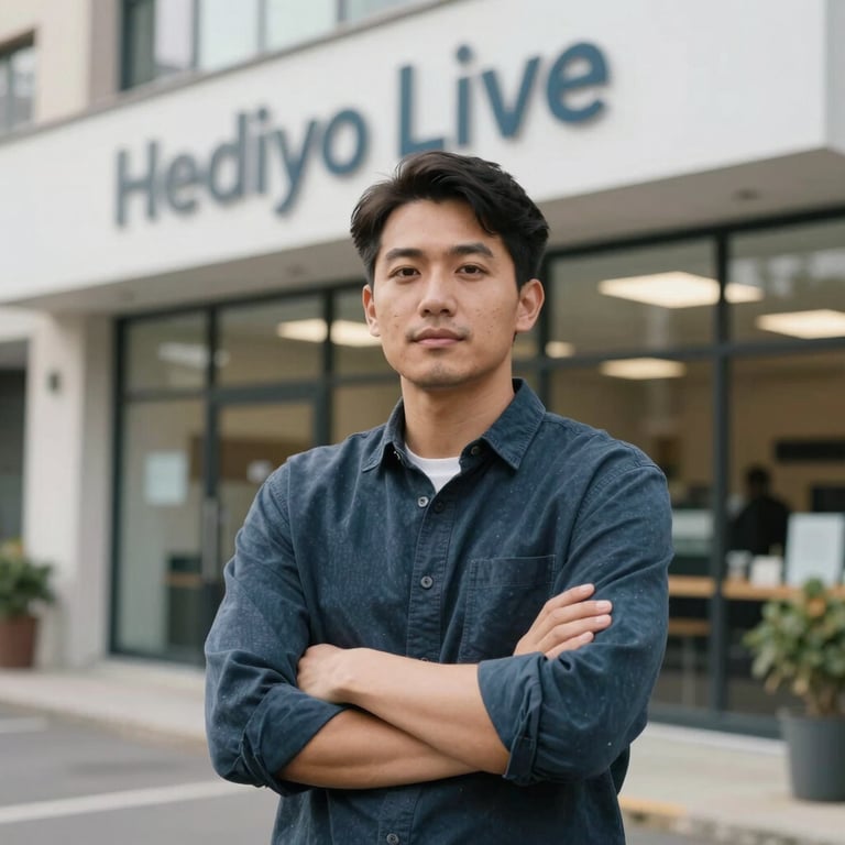 A portrait of a small business owner in front of their company building, looking confident and proud, soft natural light.