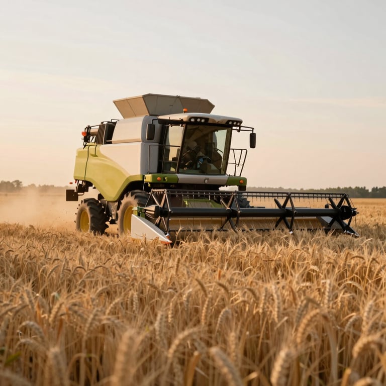 Large-scale agricultural harvester in a wheat field, sunset lighting, emphasizing productivity and growth.