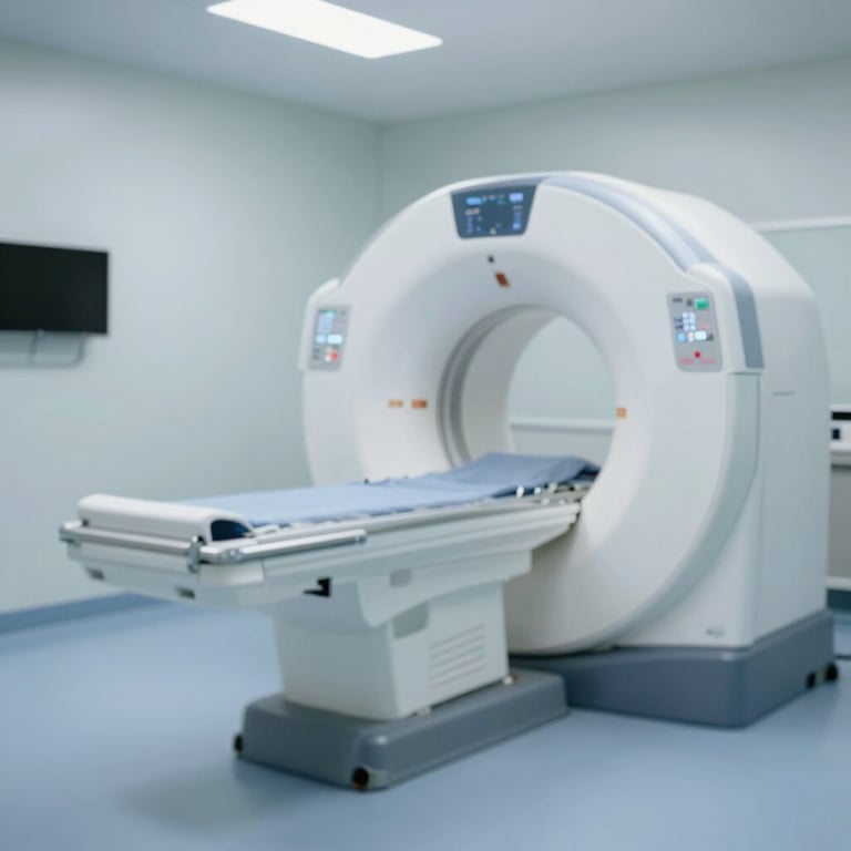 High-end hospital MRI suite with advanced medical equipment, clinical and sterile atmosphere with #F5F7F8 tones.
