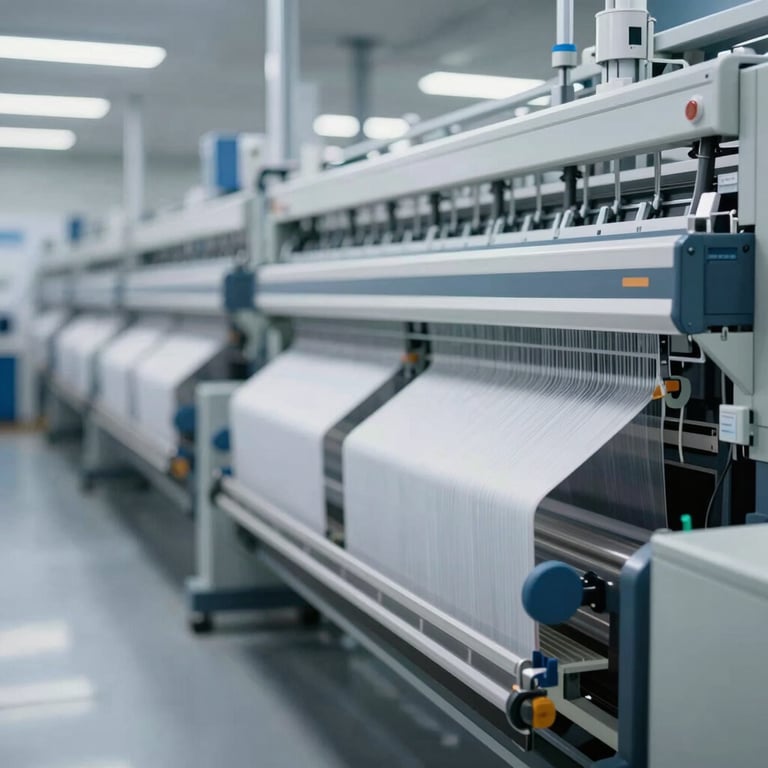 Modern computerized textile production line, high-speed movement, sophisticated industrial lighting, professional aura.