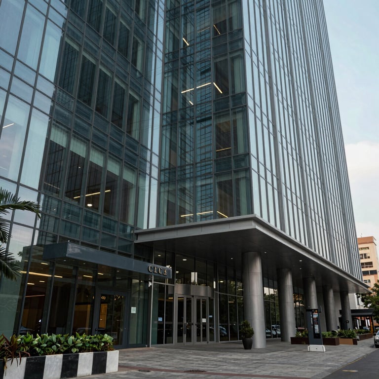 The sleek glass lobby of a corporate tech park in Bangalore during the day.