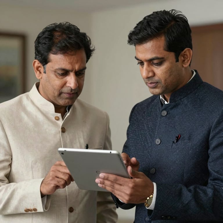 Two executives in South Asian / Indian formal wear discussing strategy over a digital tablet.