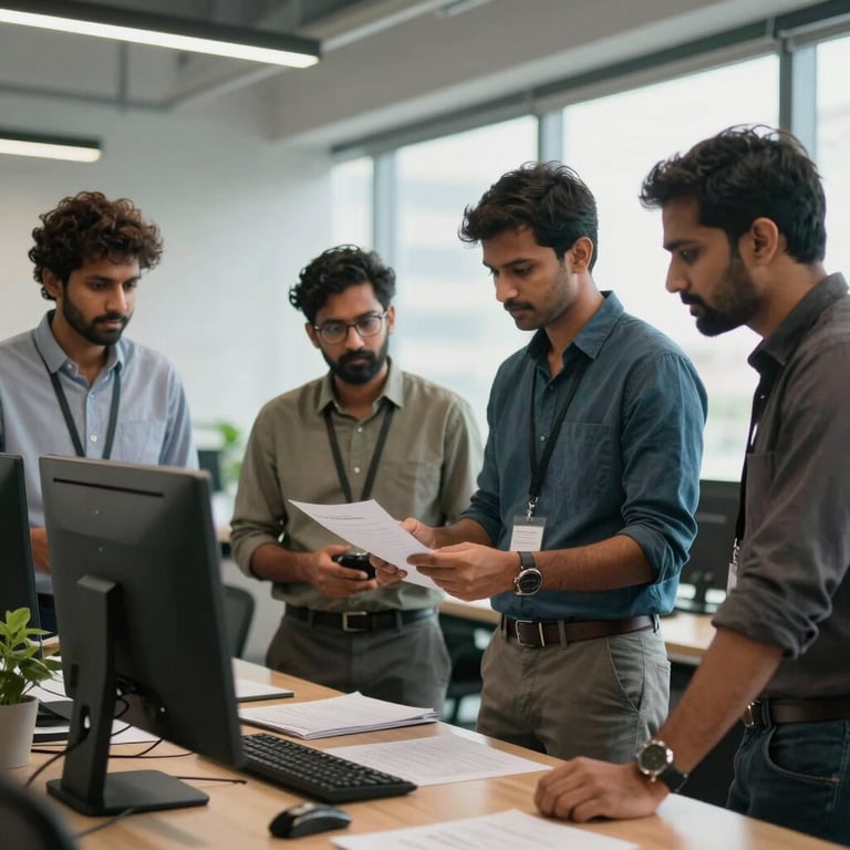 A professional South Asian / Indian team collaborating in a bright, modern Mumbai office space.