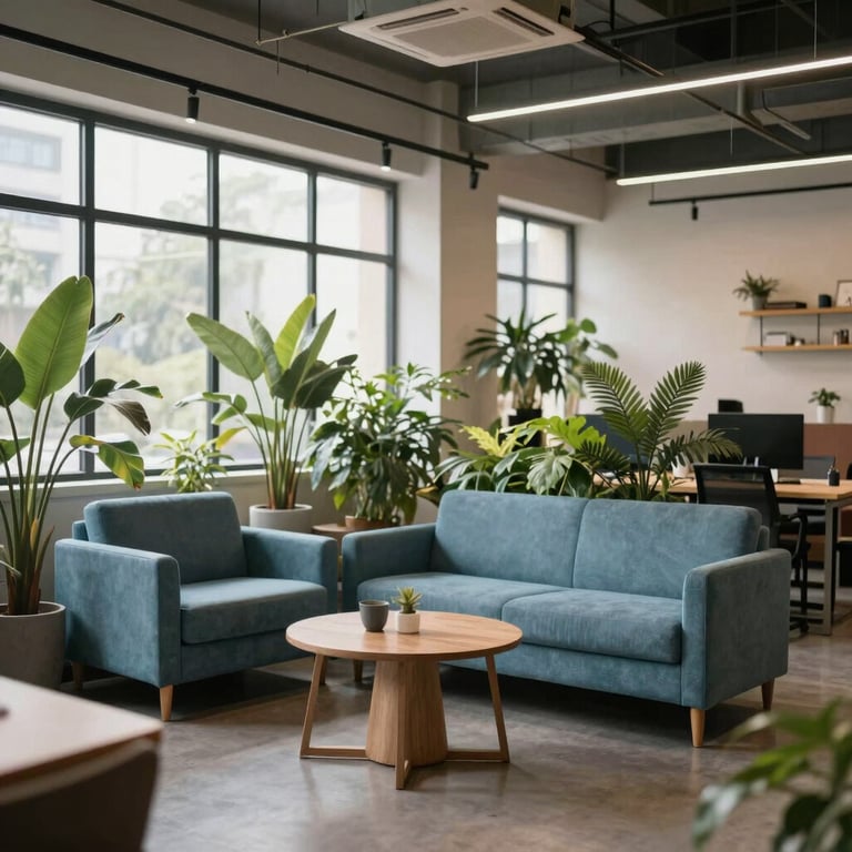 A bright and airy coworking space with indoor plants and slate blue furniture in Hyderabad.