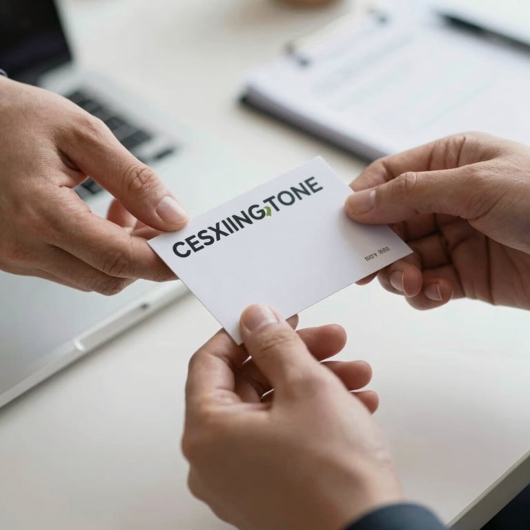 Close-up of business hands exchanging high-quality stationery cards in a professional setting.